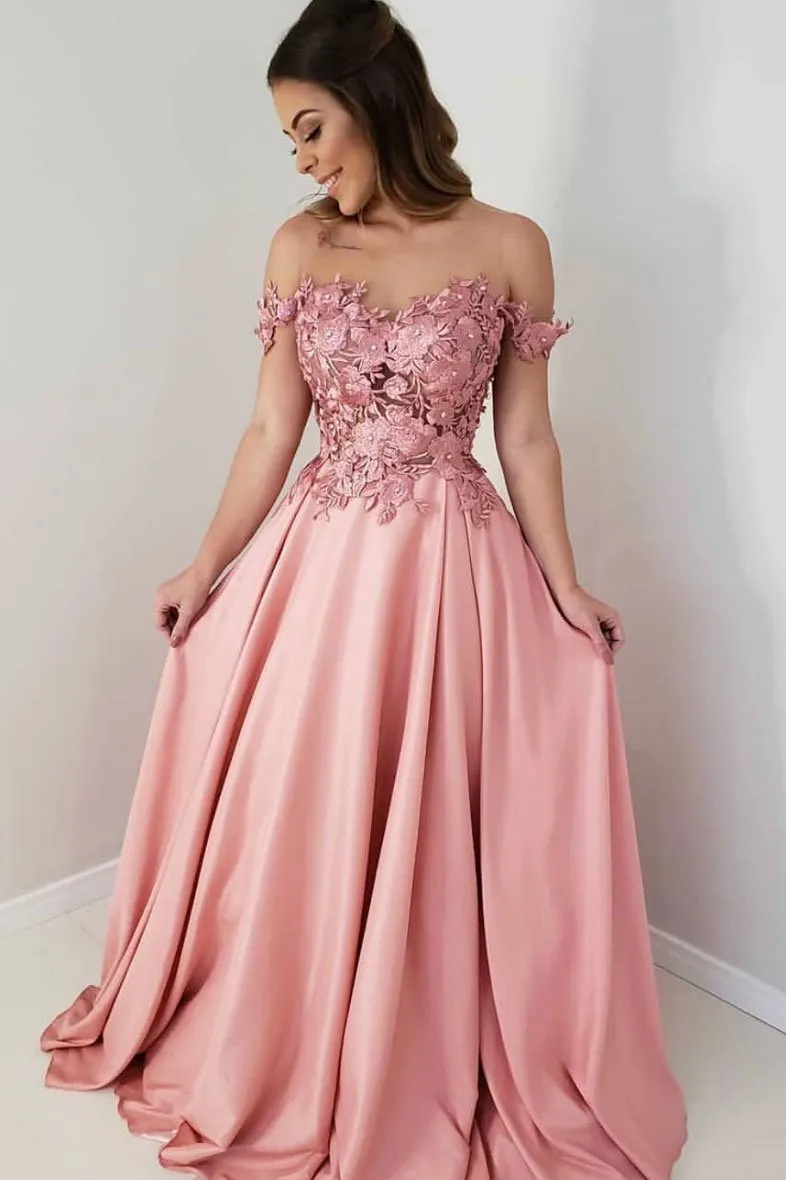 Off Shoulder Appliques Satin Long Prom Dress,Formal Dresses Pink Formal Gown