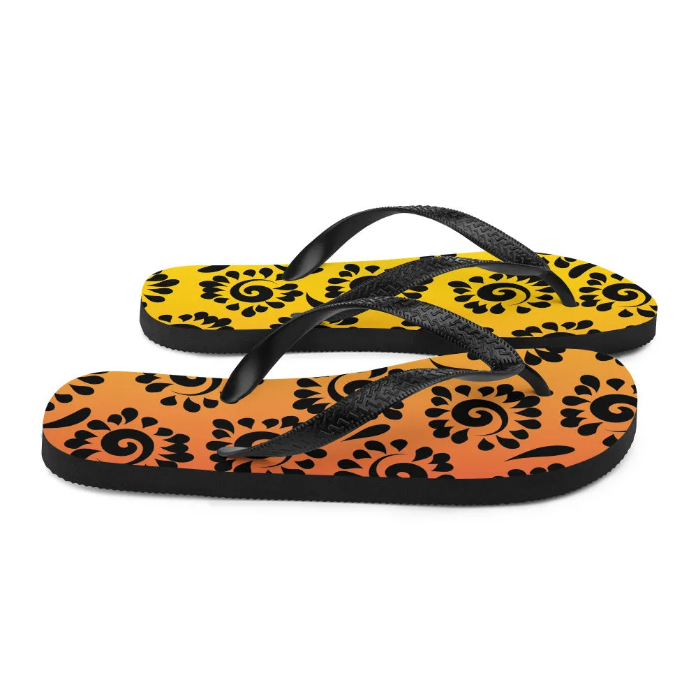 Orange Red Black Patterned Flip-Flops