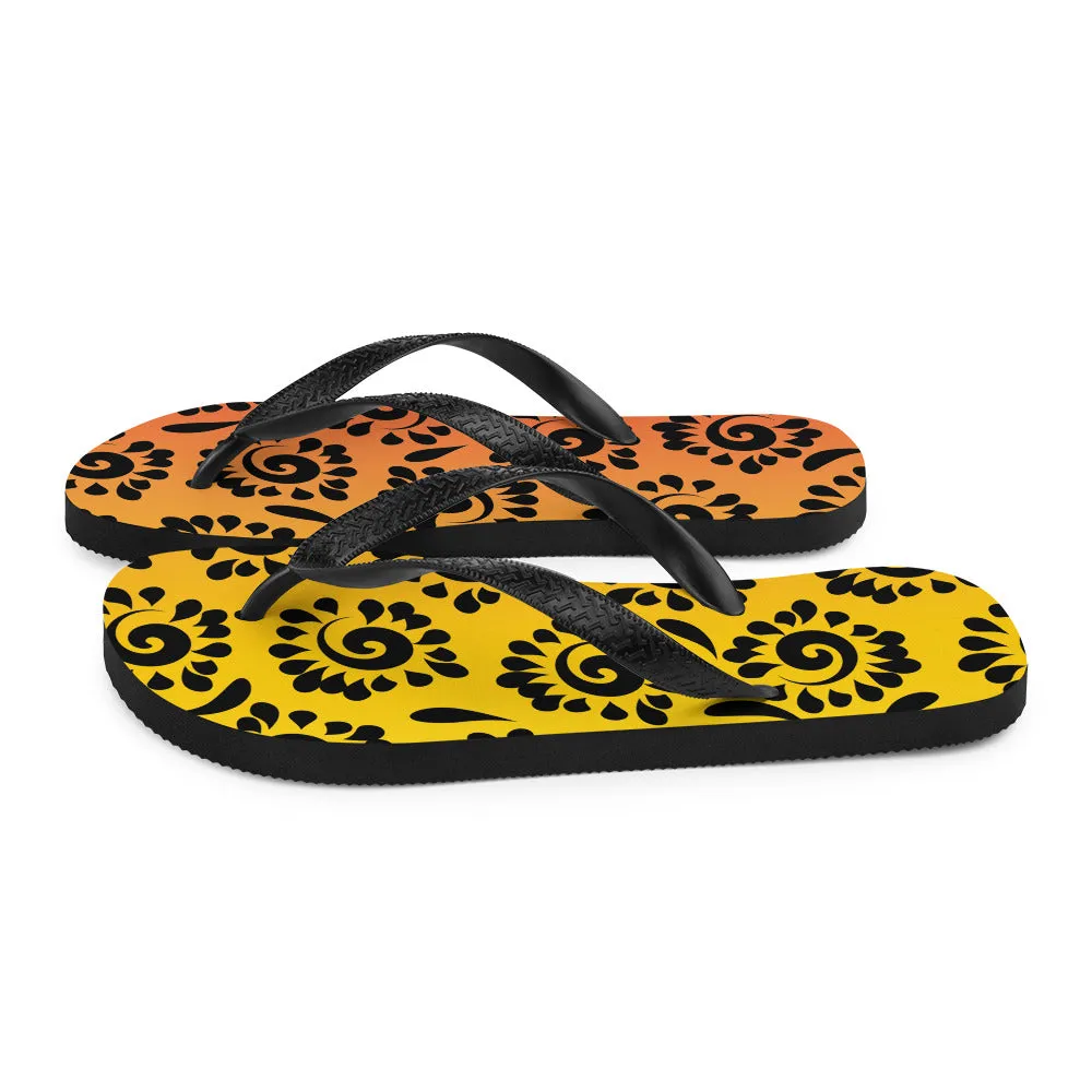 Orange Red Black Patterned Flip-Flops