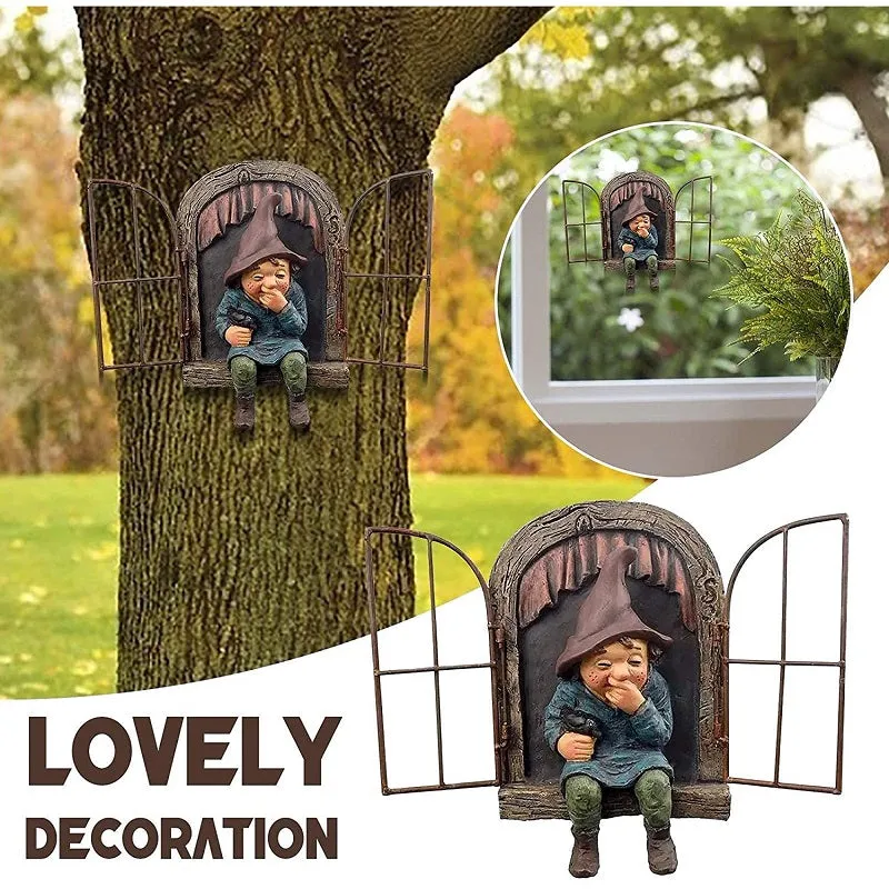 Outdoor Garden Funny Flip Window Resin Gnomes 3D Ornaments