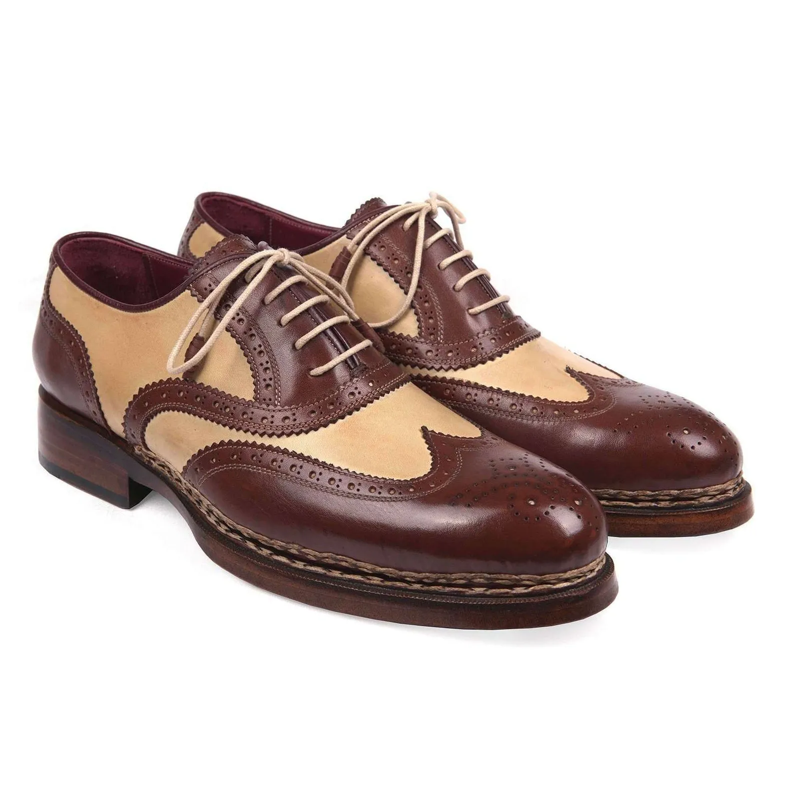 Paul Parkman Handmade Designer Shoes Triple Leather Sole Goodyear Welted Wingtip Brogues Dual-tone Beige & Brown Oxfords (PM5614)