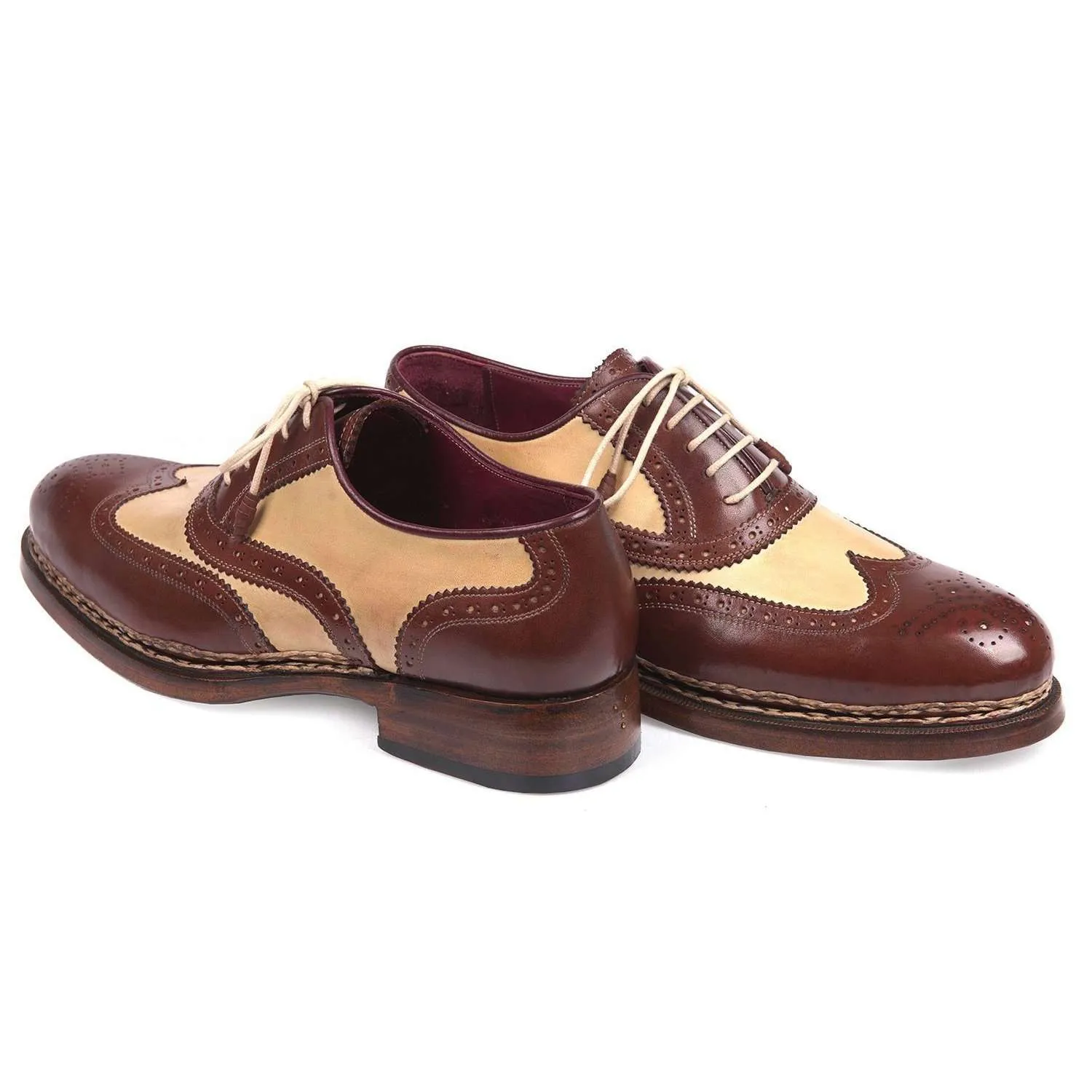 Paul Parkman Handmade Designer Shoes Triple Leather Sole Goodyear Welted Wingtip Brogues Dual-tone Beige & Brown Oxfords (PM5614)