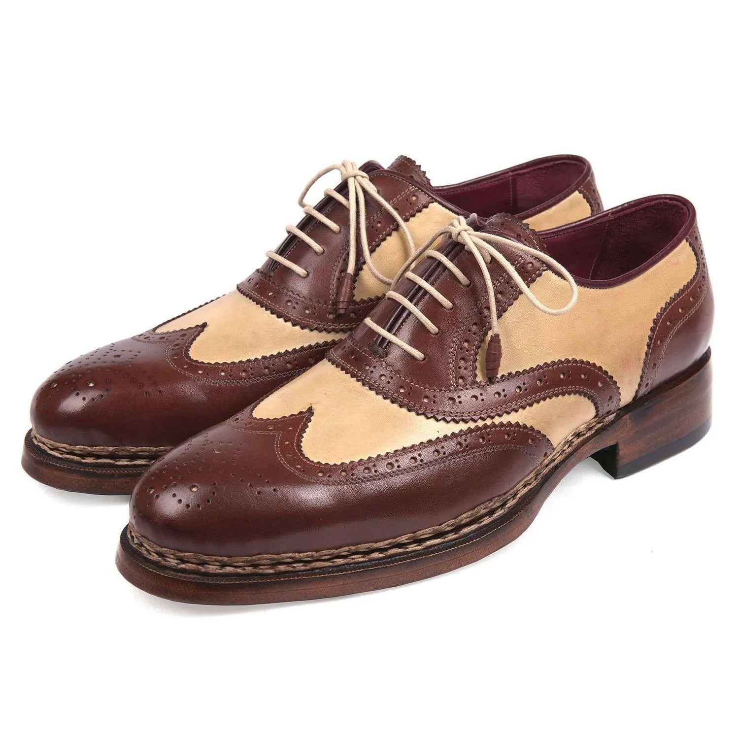 Paul Parkman Handmade Designer Shoes Triple Leather Sole Goodyear Welted Wingtip Brogues Dual-tone Beige & Brown Oxfords (PM5614)