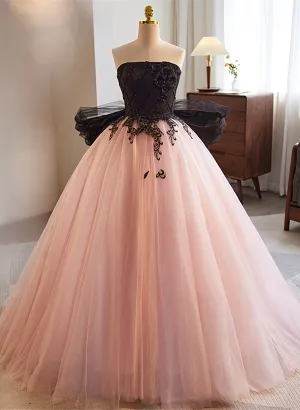 Pink and Black Lace Tulle Ball Gown Sweet 16 Dress, Pink and Black Long Formal Dress