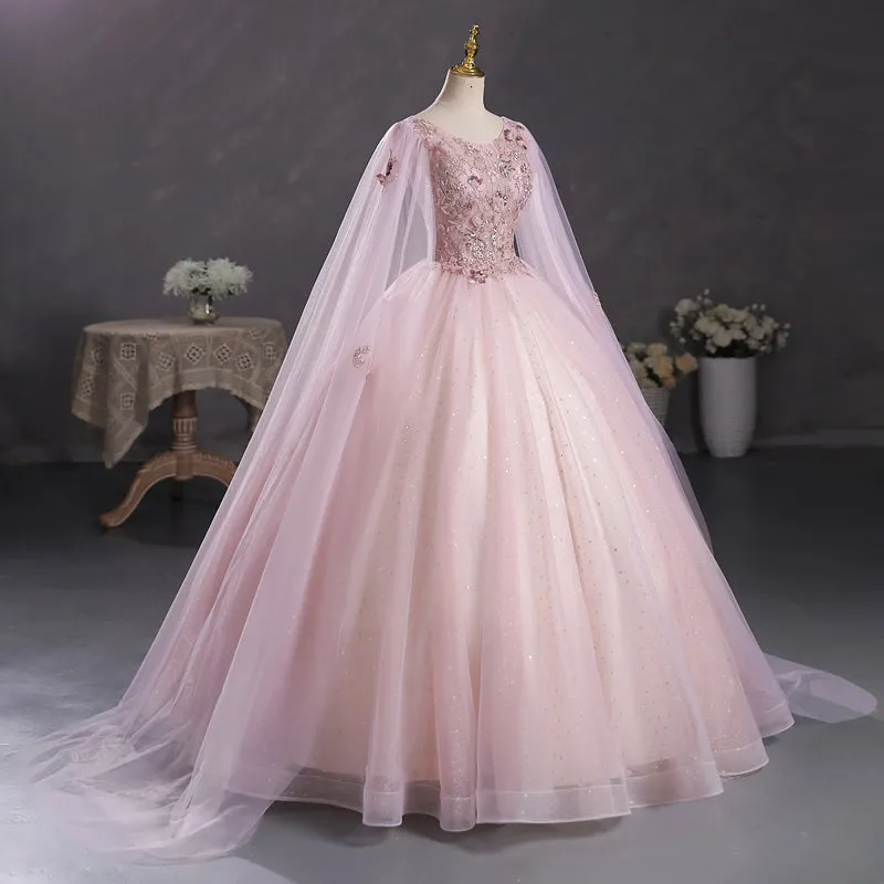 Pink Ball Gown V-neckline Floral Lace Sweet 16 Dress, Pink Ball Gown Prom Dress