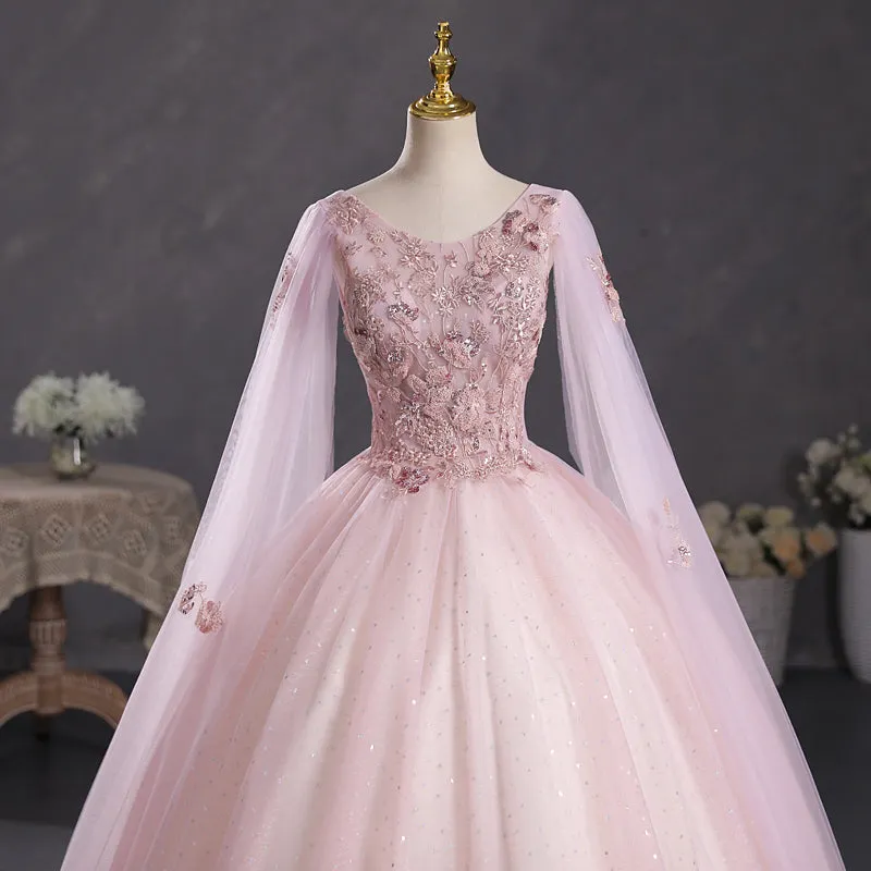 Pink Ball Gown V-neckline Floral Lace Sweet 16 Dress, Pink Ball Gown Prom Dress