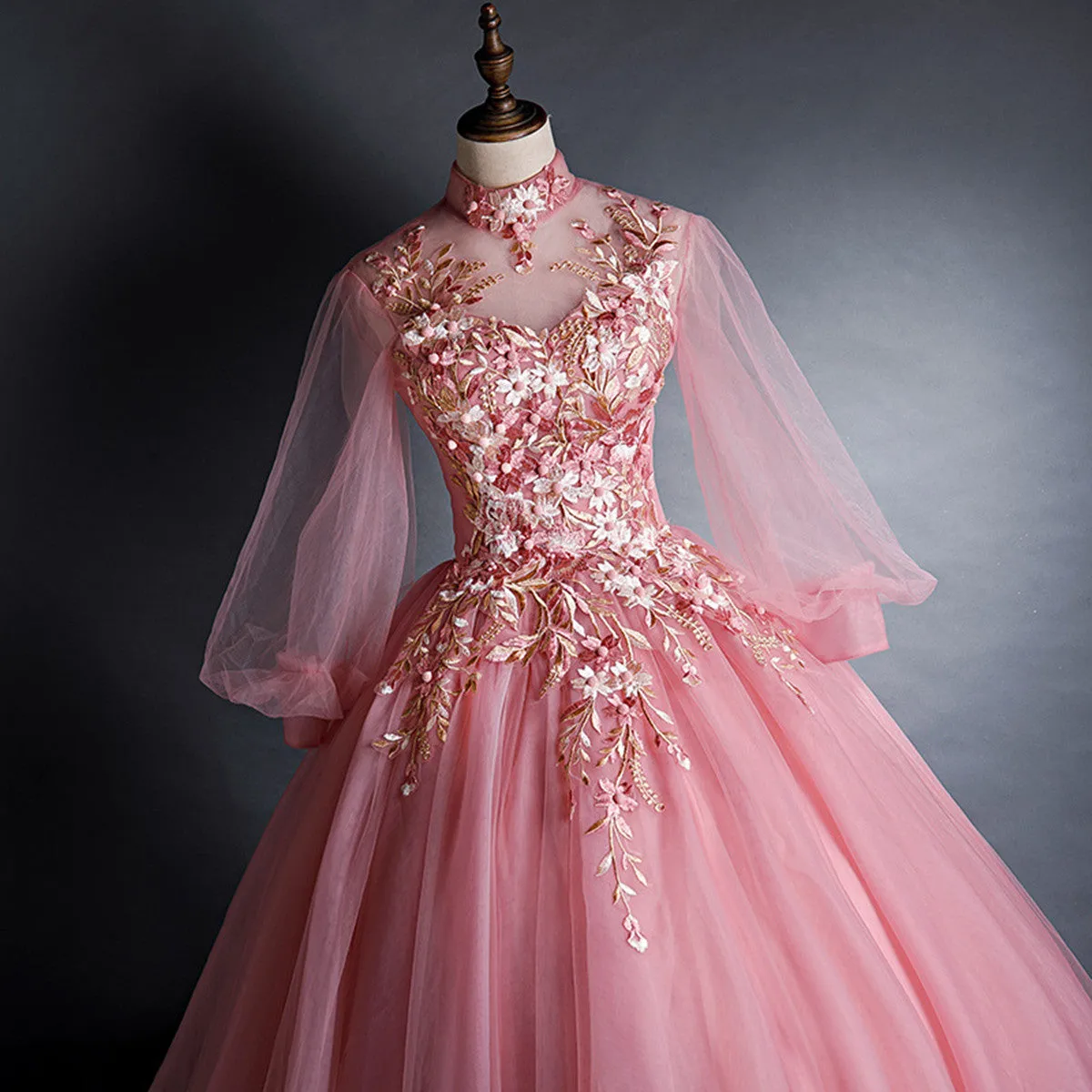 Pink High Neckline Floral Lace Puffy Sleeves Sweet 16 Dress, Pink Tulle Formal Dress