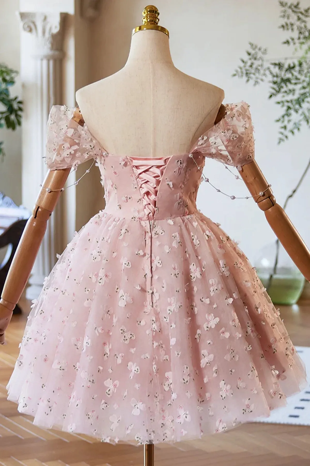 Pink Off Shoulder Knee Length Party Dress, Pink Homecoming Dress