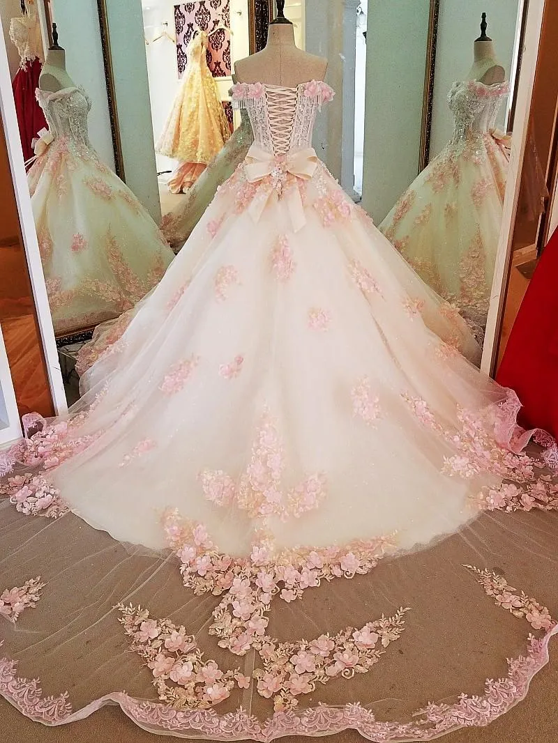 Pink Tulle Flowers Ball Gown Beaded Long Formal Dress, Pink Sweet 16 Dresses