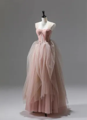 Pink Tulle Sweetheart Beaded Long Formal Dress, Pink Tulle Prom Dress