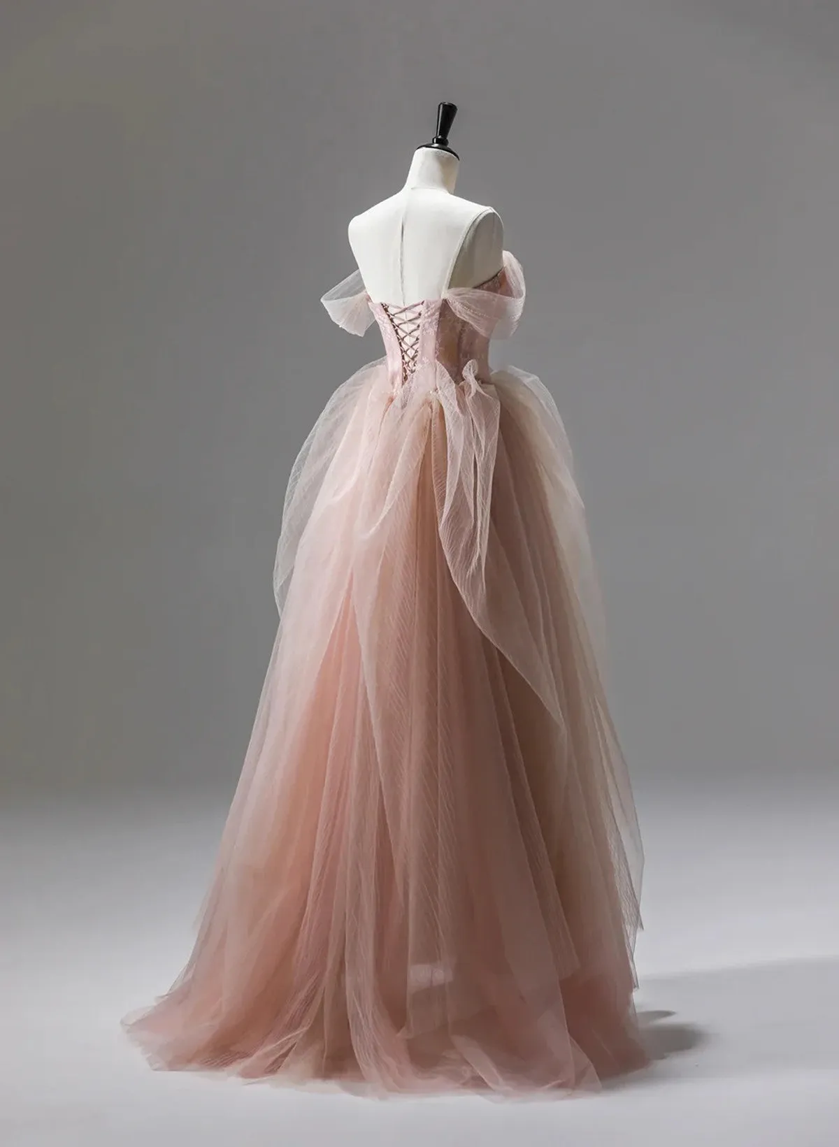 Pink Tulle Sweetheart Beaded Long Formal Dress, Pink Tulle Prom Dress