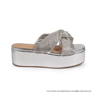 RASHA-68 RHINESTONE TWIST STRAP FLATFORM SANDAL - SILVER