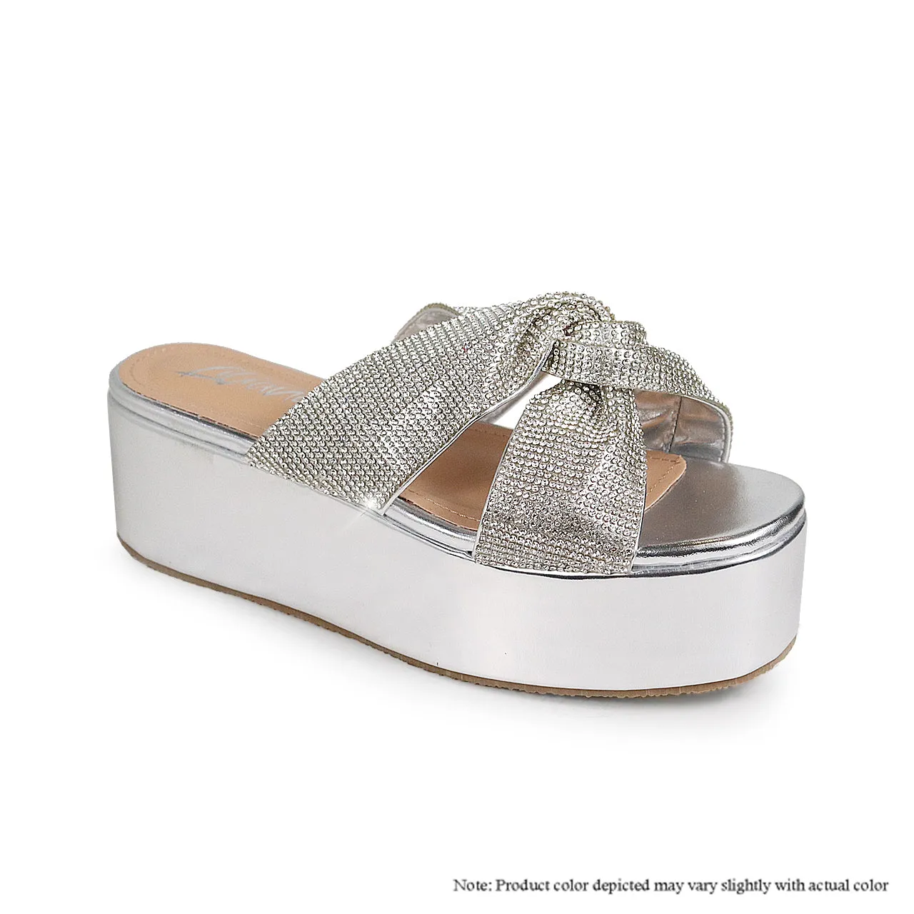 RASHA-68 RHINESTONE TWIST STRAP FLATFORM SANDAL - SILVER