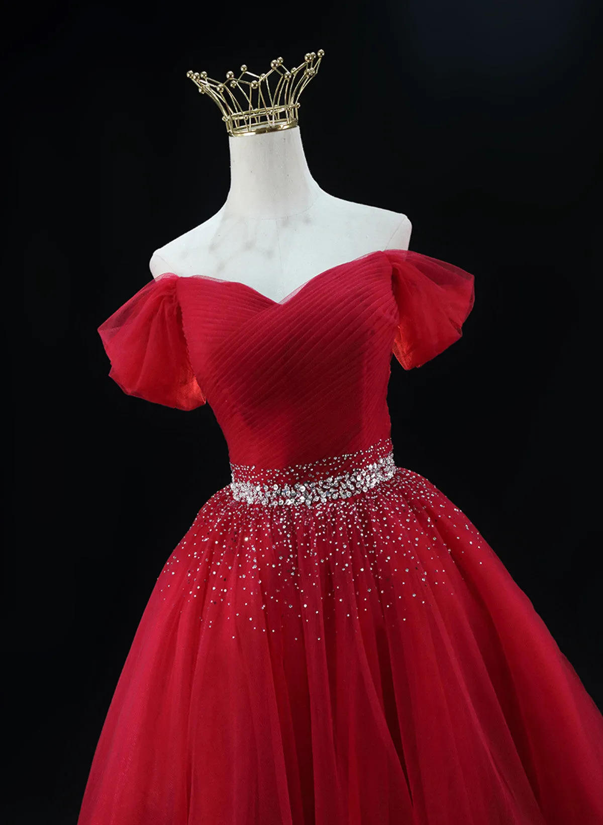 Red Tulle Beaded Off Shoulder Homecoming Dress, Red Sweetheart Prom Dress