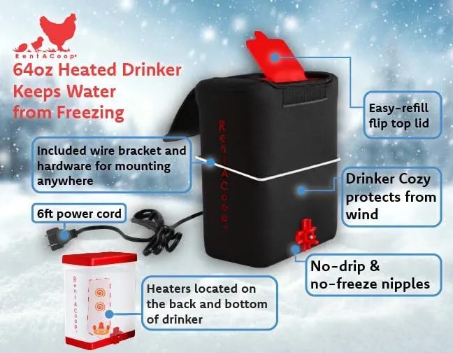 RentACoop 64oz(2L) BPA-Free Heated Poultry Drinker with Plastic Horizontal Nipple and 6ft Power Cord for Chickens, Pigeon, Quail, and Other Large Animals