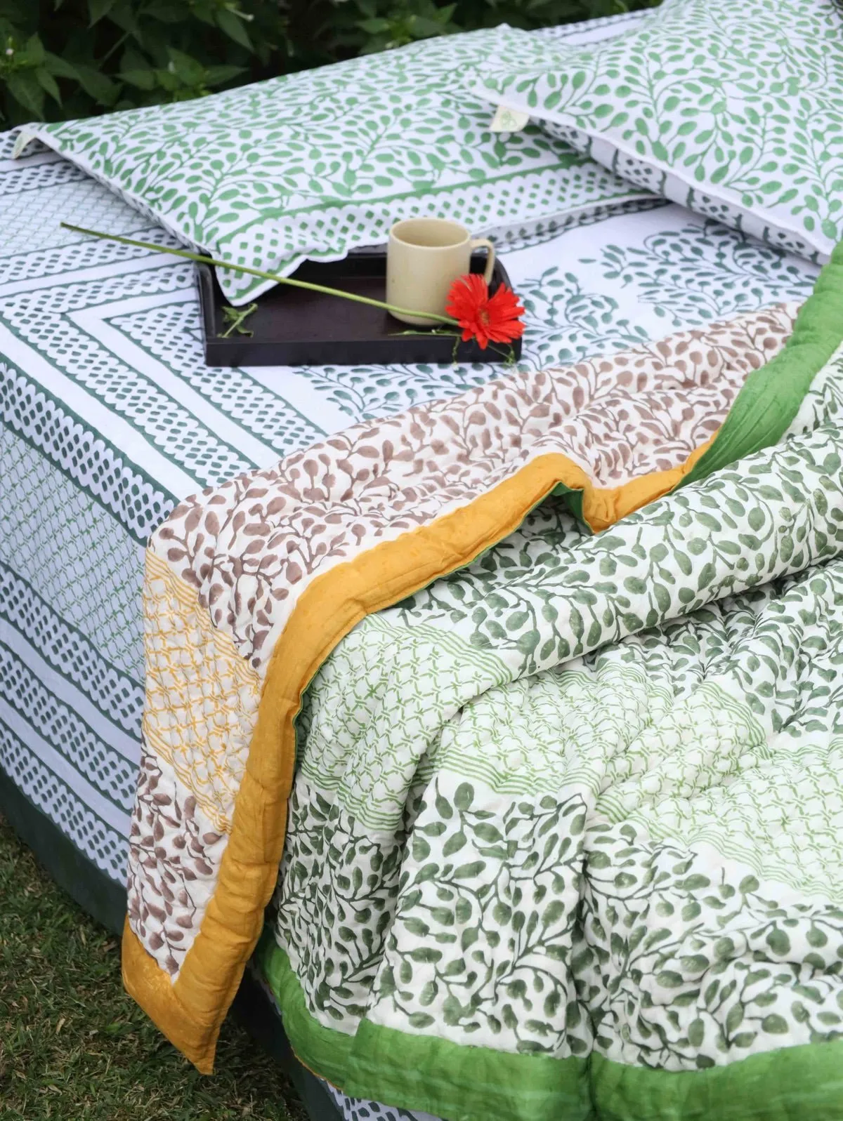 Reversible Hand-Printed Quilt- Luxe Comfort in Green & Yellow