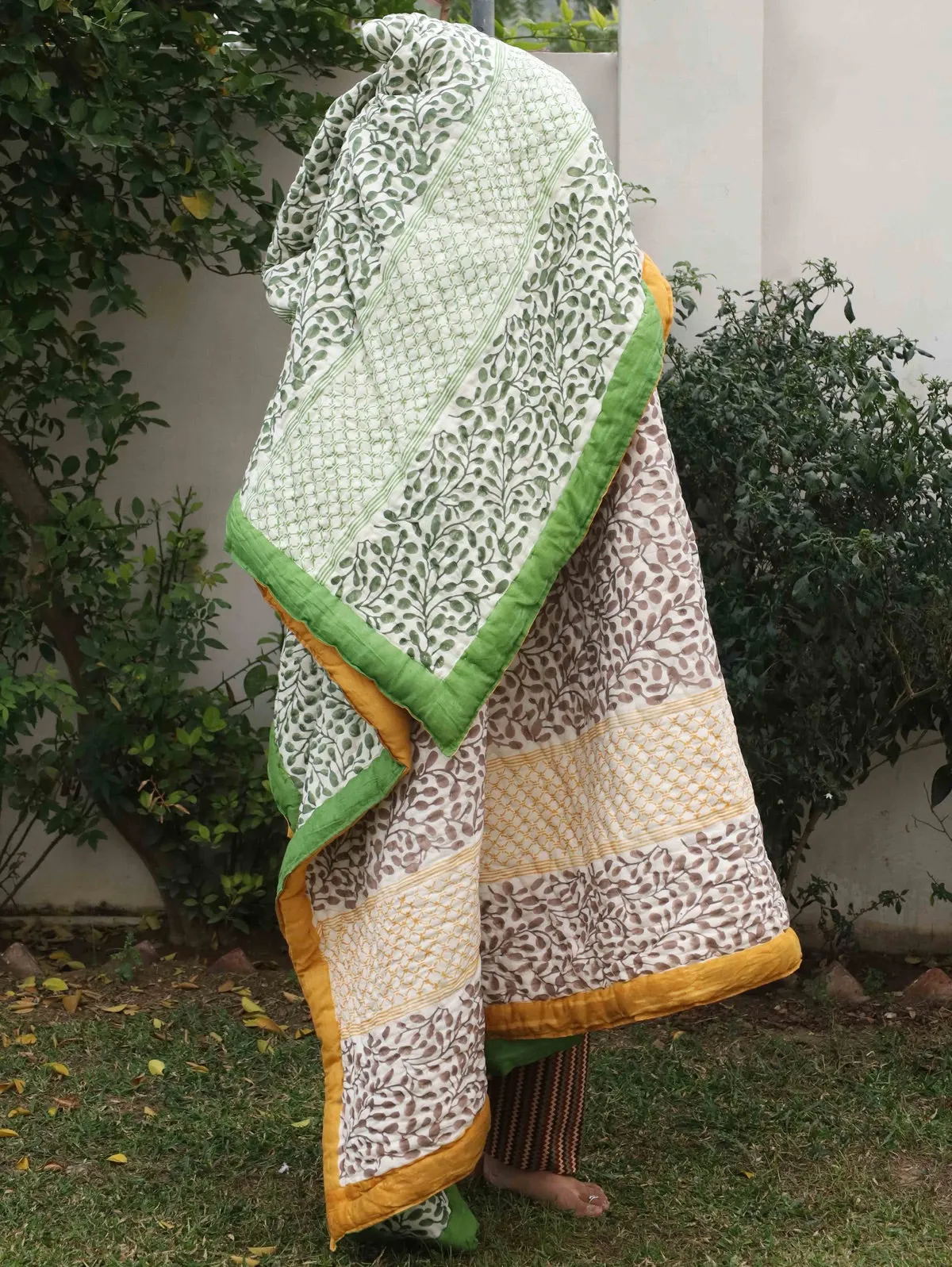 Reversible Hand-Printed Quilt- Luxe Comfort in Green & Yellow