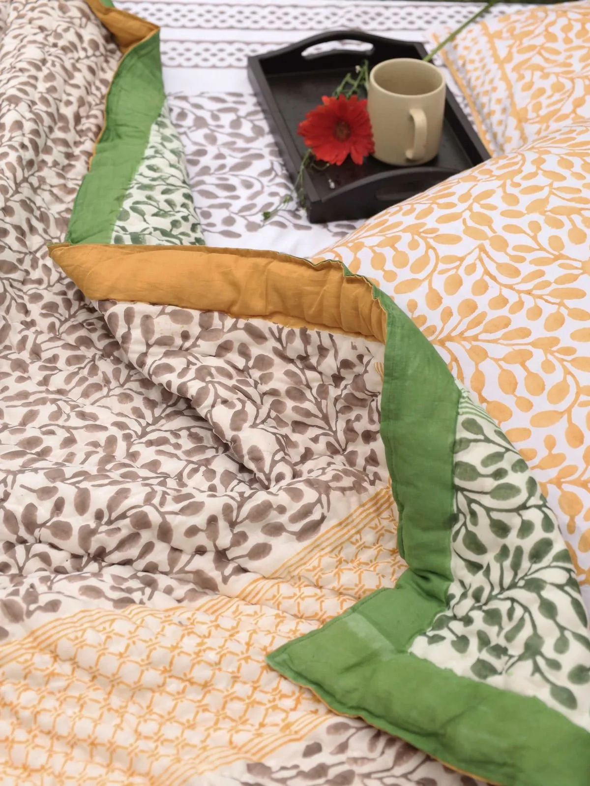 Reversible Hand-Printed Quilt- Luxe Comfort in Green & Yellow