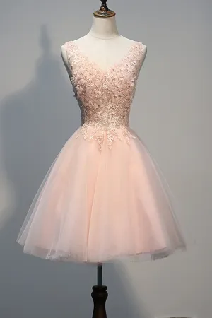 Short Open Back Pearl Pink Homecoming Dresses With Appliques PG030