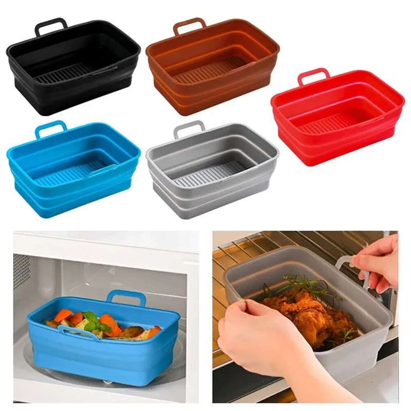 Silicone Baking Tray Rectangle Foldable Air Fryer Silicone Pot with Handle