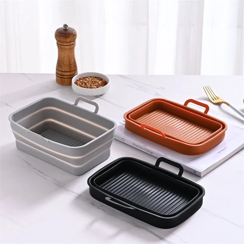 Silicone Baking Tray Rectangle Foldable Air Fryer Silicone Pot with Handle