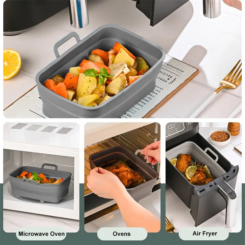 Silicone Baking Tray Rectangle Foldable Air Fryer Silicone Pot with Handle