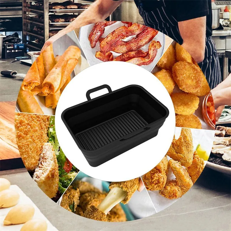 Silicone Baking Tray Rectangle Foldable Air Fryer Silicone Pot with Handle