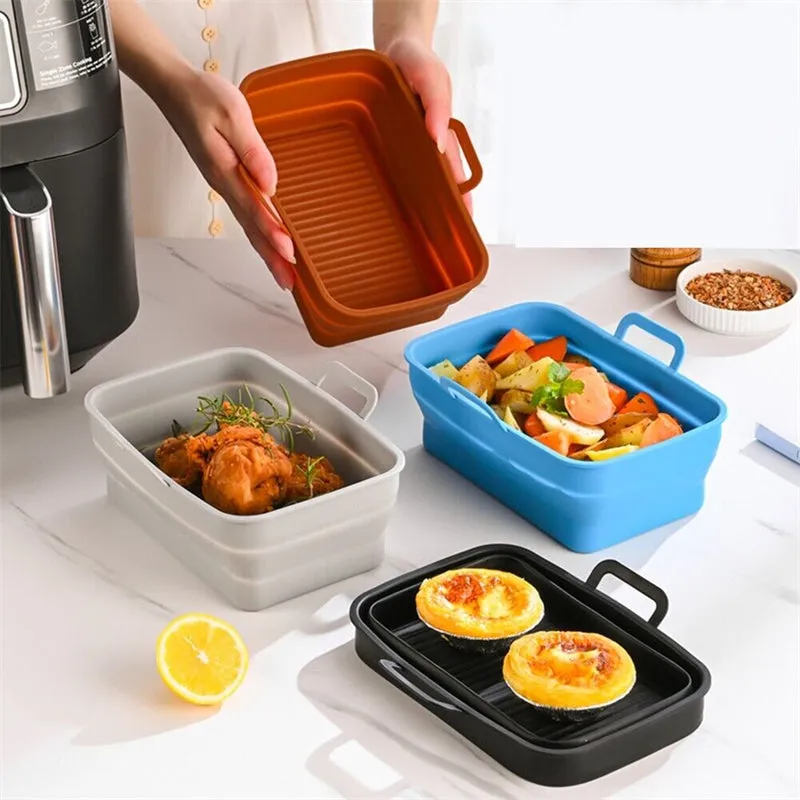 Silicone Baking Tray Rectangle Foldable Air Fryer Silicone Pot with Handle