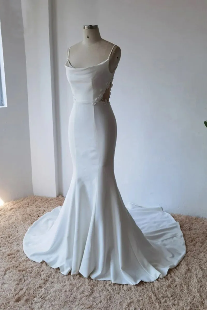 Simple Spaghetti Straps Satin Mermaid Modest Wedding Dress WD672