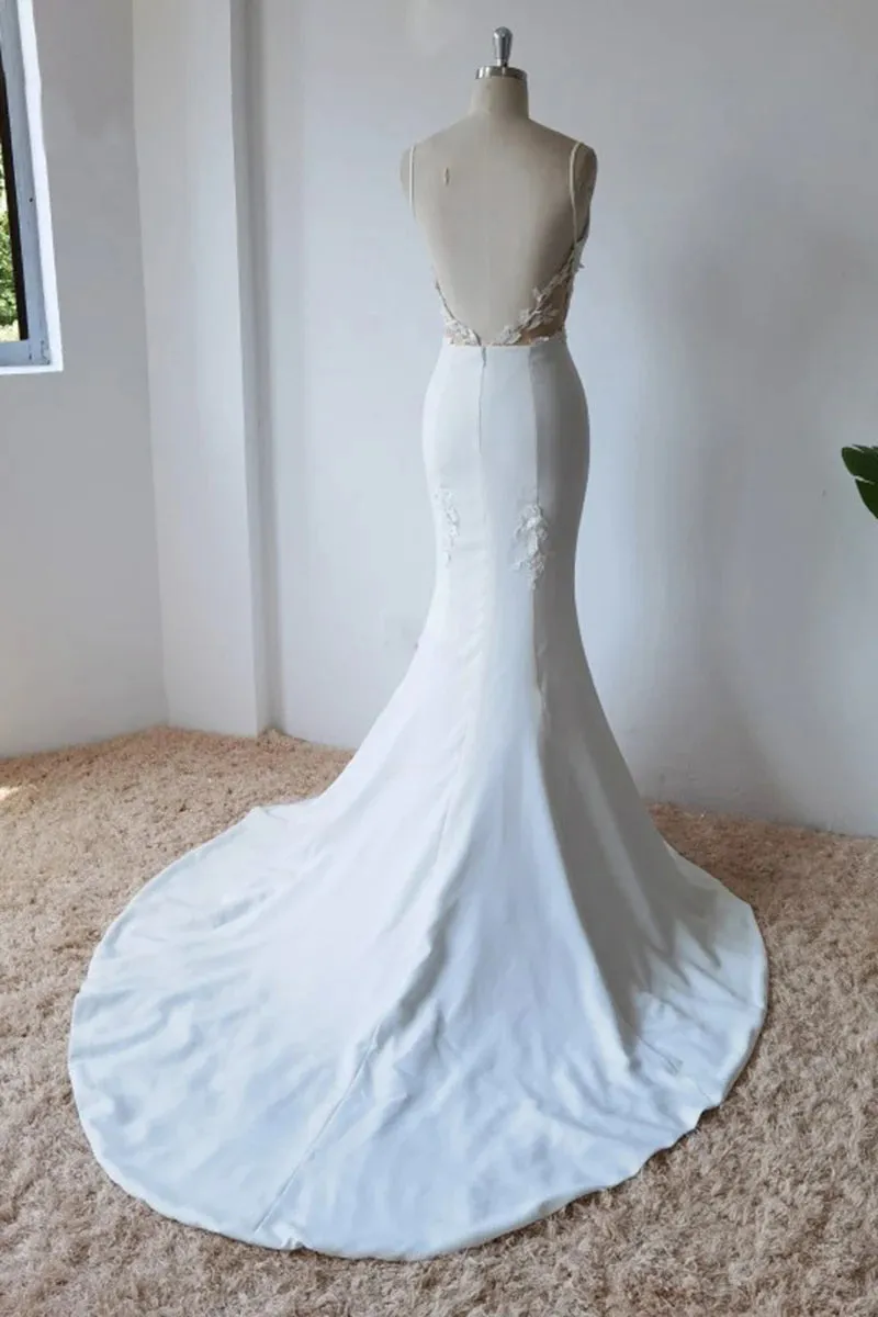 Simple Spaghetti Straps Satin Mermaid Modest Wedding Dress WD672