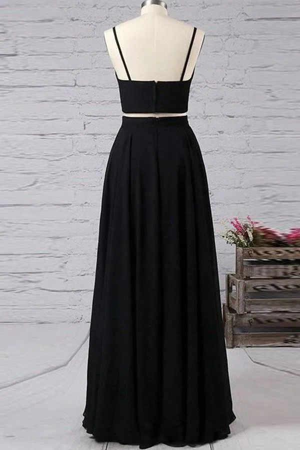 Spaghetti Straps Black Two Piece Chiffon Prom Dress With Side Slit  PG731