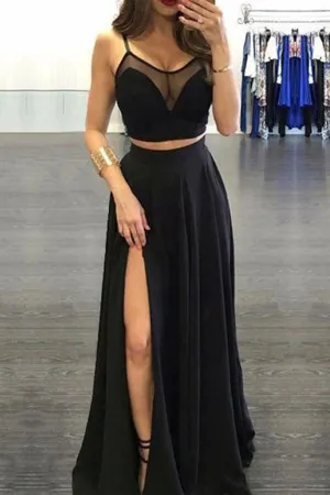 Spaghetti Straps Black Two Piece Chiffon Prom Dress With Side Slit  PG731