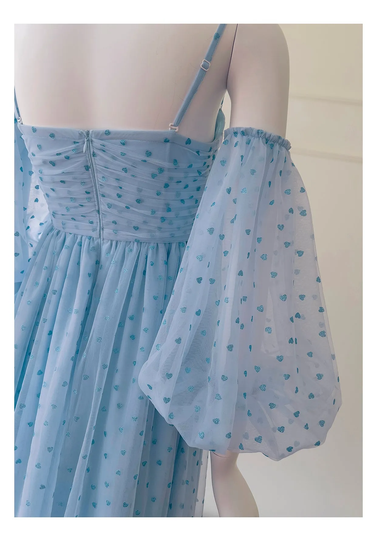 Spaghetti-straps detachable sleeves tea length heart dotty tulle prom dress