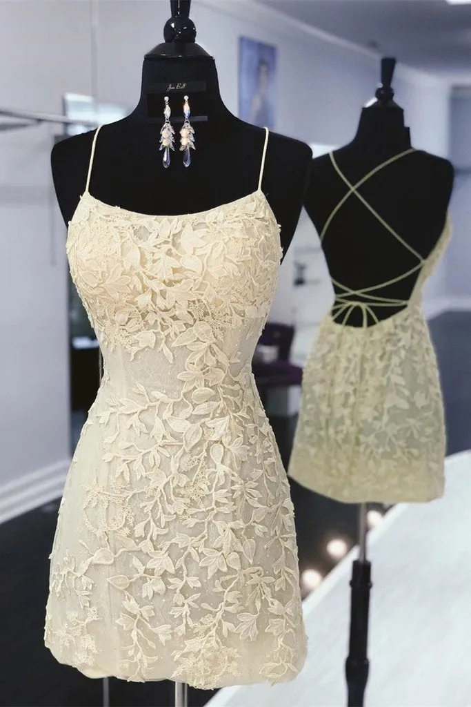 Spaghetti Straps Yellow Lace Homecoming Dresses Short Hoco Dress