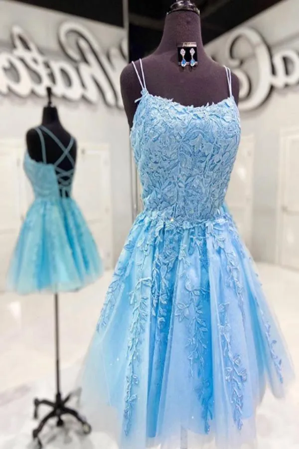 Straps Lace Applique Blue Homecoming Dress Short Prom Dress PD424