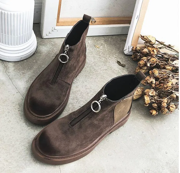 Suede Black Brown Metallic Ring Zipper Boots