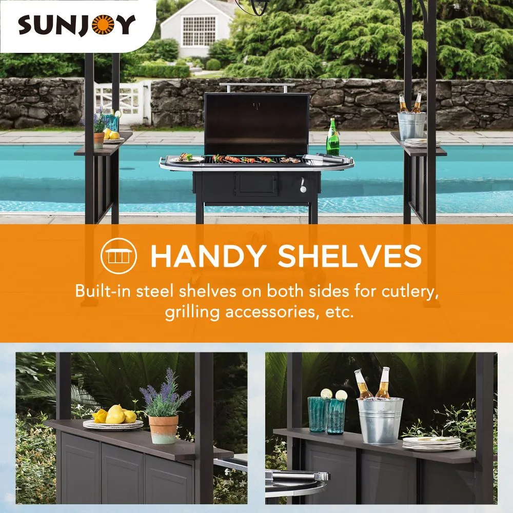 SUNJOY Outdoor Patio 5x8 Brown 2-Tier Steel Backyard Hardtop Grill Gazebo with Metal Ceiling Hook and Bar Shelves