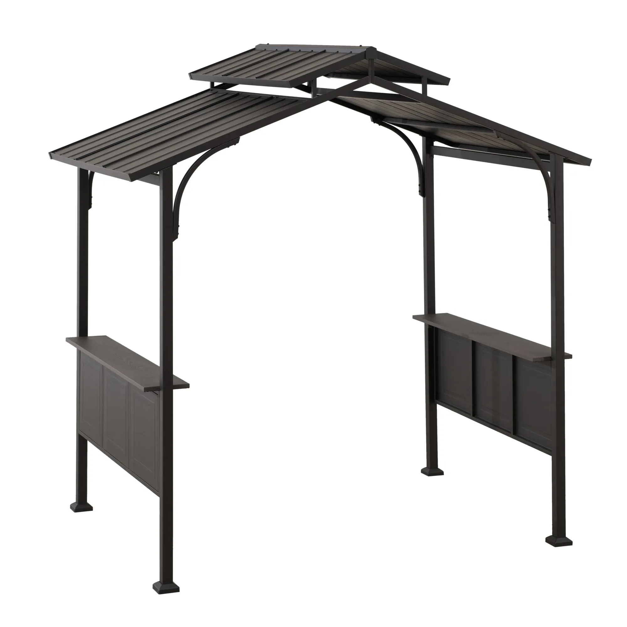 SUNJOY Outdoor Patio 5x8 Brown 2-Tier Steel Backyard Hardtop Grill Gazebo with Metal Ceiling Hook and Bar Shelves