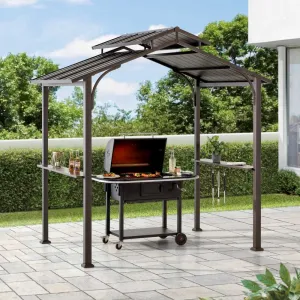 SUNJOY Outdoor Patio 5x8 Brown 2-Tier Steel Backyard Hardtop Grill Gazebo with Metal Ceiling Hook and Bar Shelves