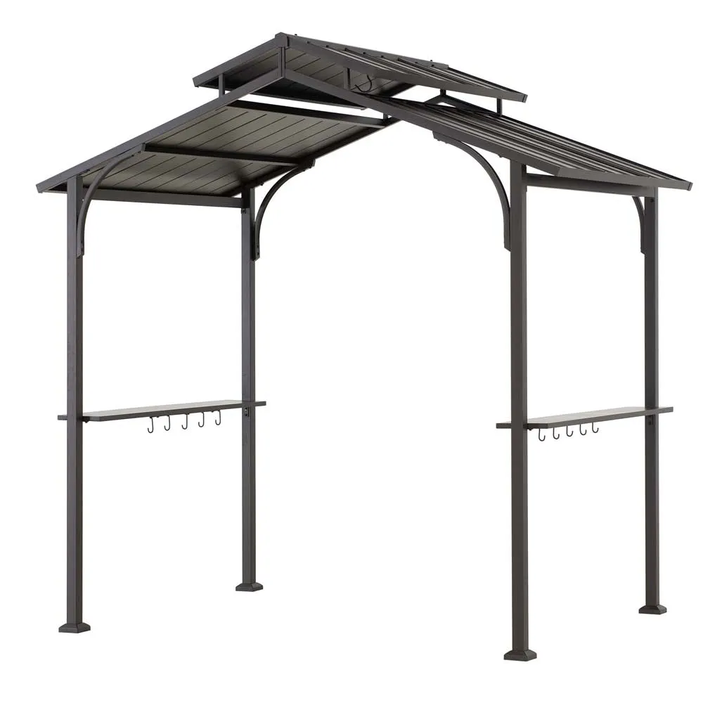 SUNJOY Outdoor Patio 5x8 Brown 2-Tier Steel Backyard Hardtop Grill Gazebo with Metal Ceiling Hook and Bar Shelves