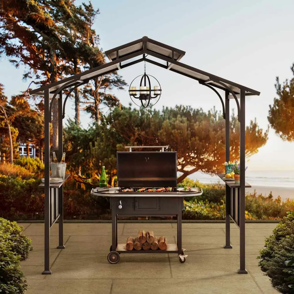 SUNJOY Outdoor Patio 5x8 Brown 2-Tier Steel Backyard Hardtop Grill Gazebo with Metal Ceiling Hook and Bar Shelves