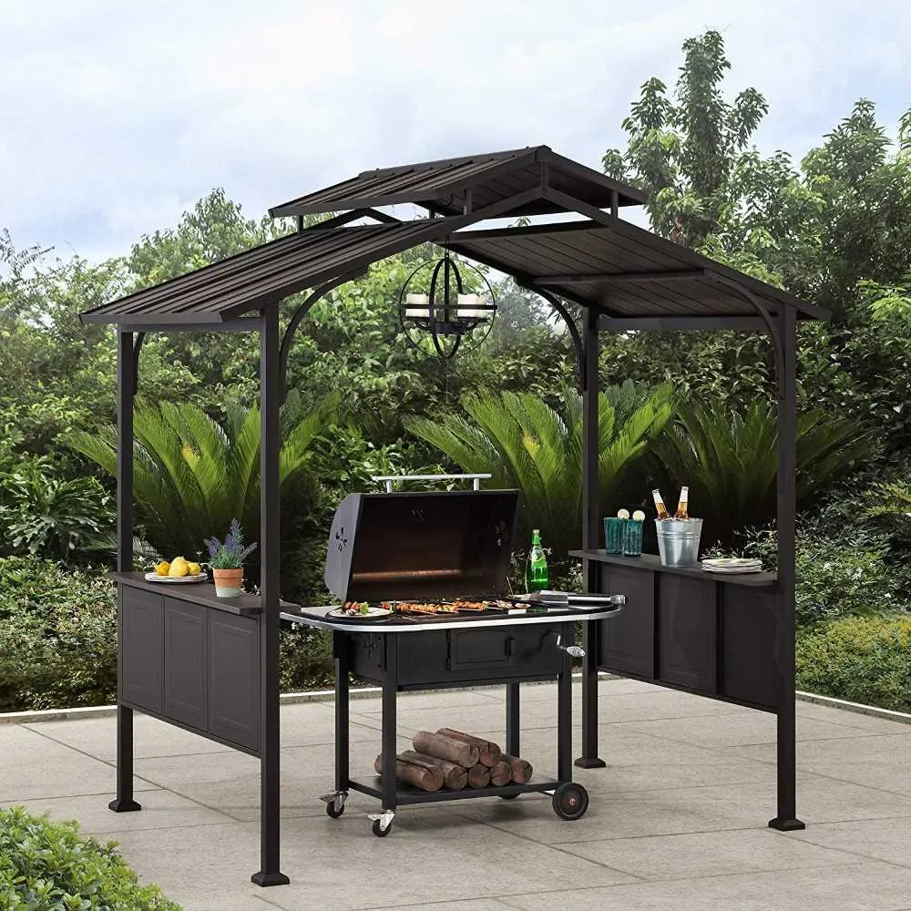 SUNJOY Outdoor Patio 5x8 Brown 2-Tier Steel Backyard Hardtop Grill Gazebo with Metal Ceiling Hook and Bar Shelves