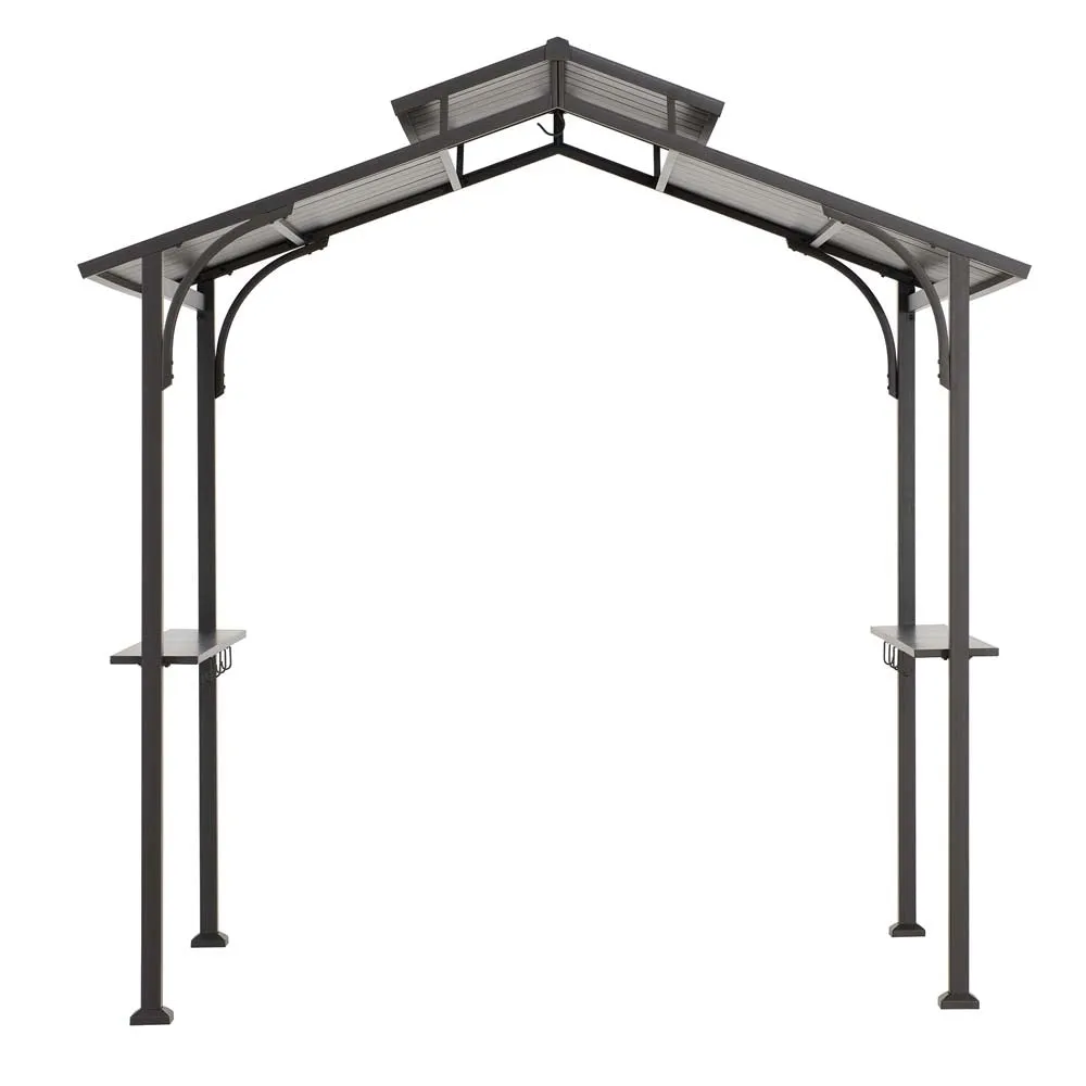 SUNJOY Outdoor Patio 5x8 Brown 2-Tier Steel Backyard Hardtop Grill Gazebo with Metal Ceiling Hook and Bar Shelves