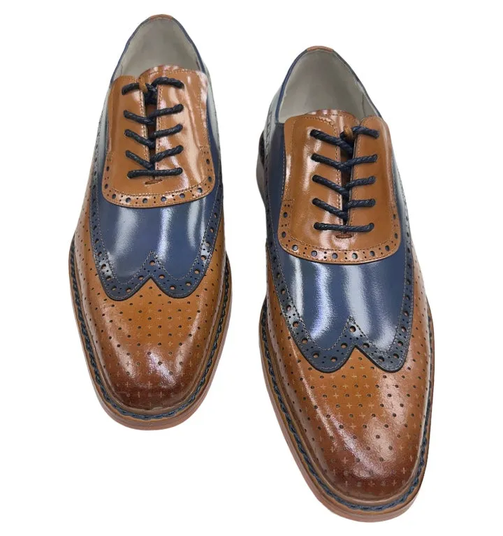 Tan-Blue Men's Two-Tone Lace-Up Wing tip Oxford Giovanni Dress Shoes