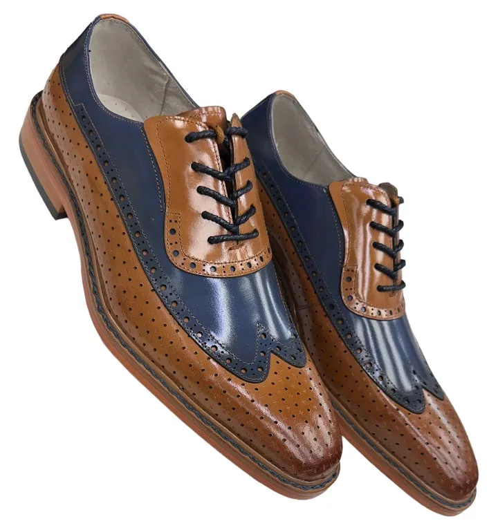 Tan-Blue Men's Two-Tone Lace-Up Wing tip Oxford Giovanni Dress Shoes