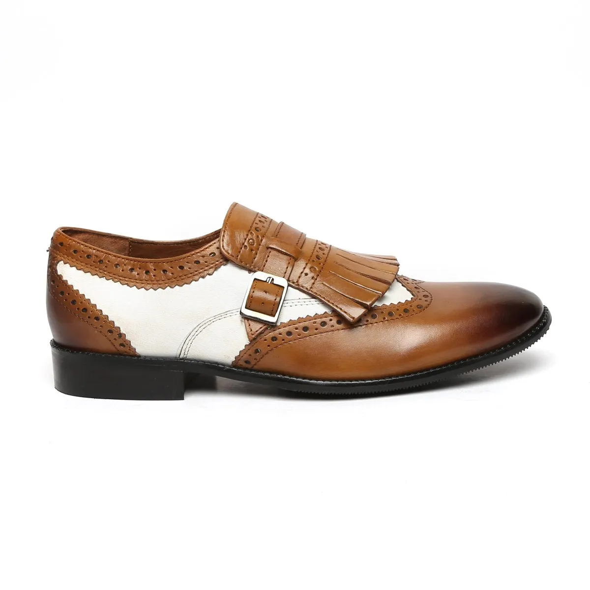 Tan/White Leather Fringed Single Monk Strap Shoes By Brune & Bareskin