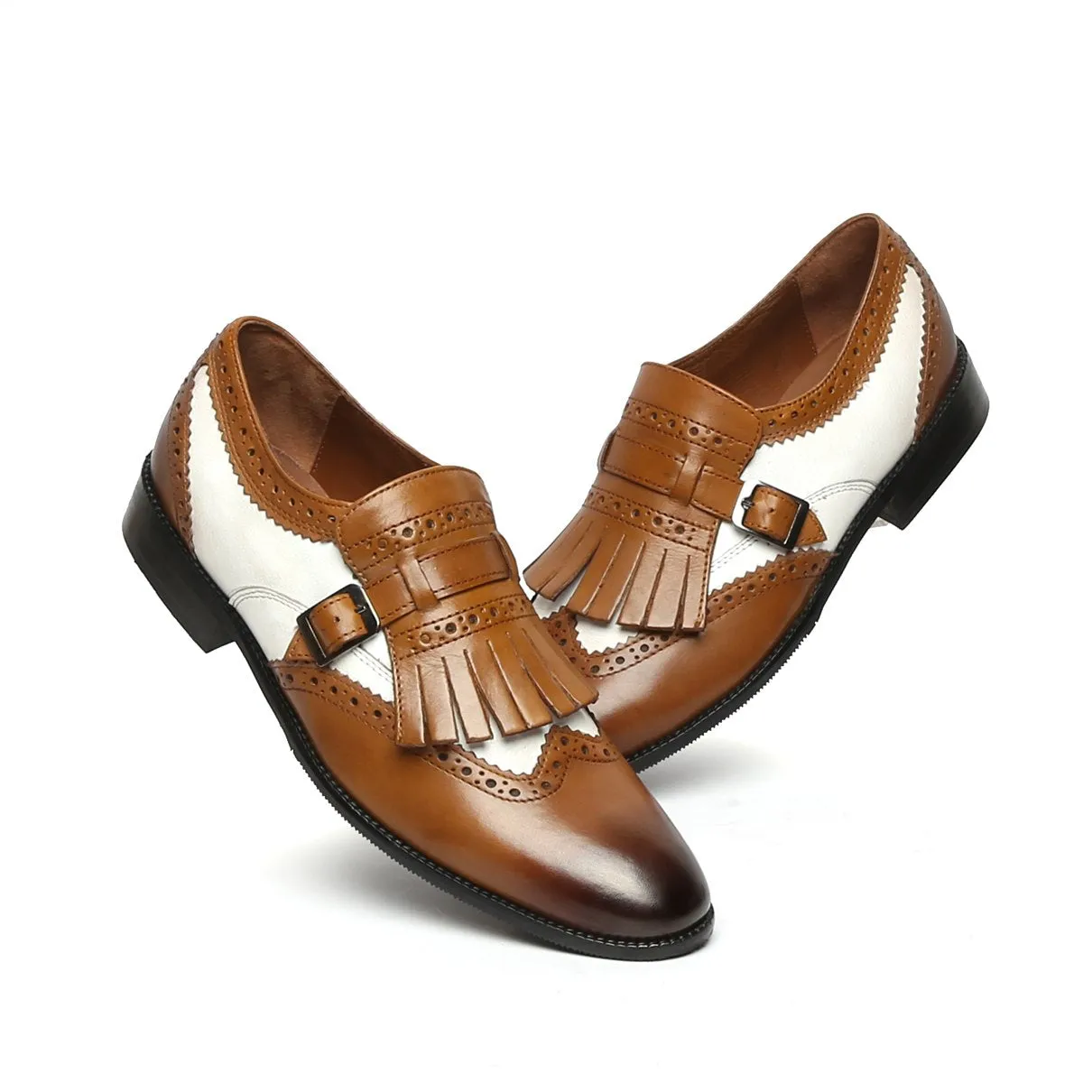 Tan/White Leather Fringed Single Monk Strap Shoes By Brune & Bareskin