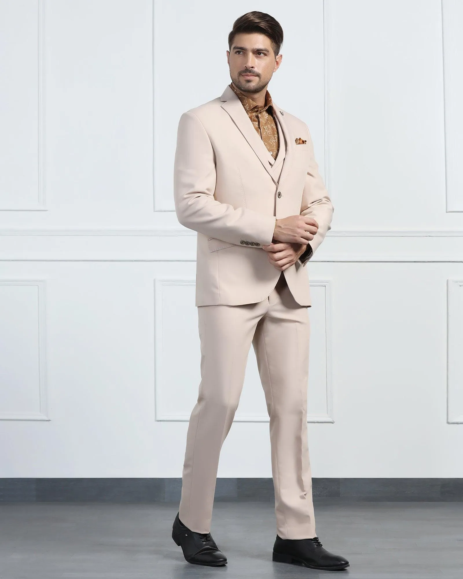 Three Piece Beige Solid Formal Suit - Randle