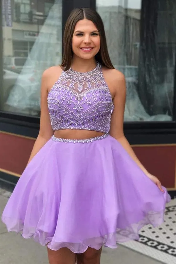 Two Piece High Neck Beading Lilac Chiffon Homecoming Dress  PD335