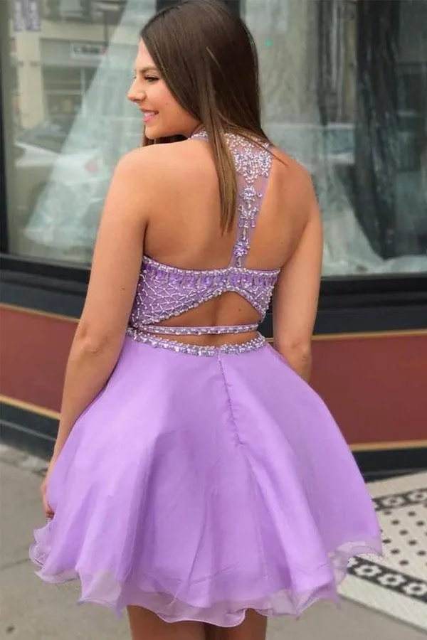 Two Piece High Neck Beading Lilac Chiffon Homecoming Dress  PD335